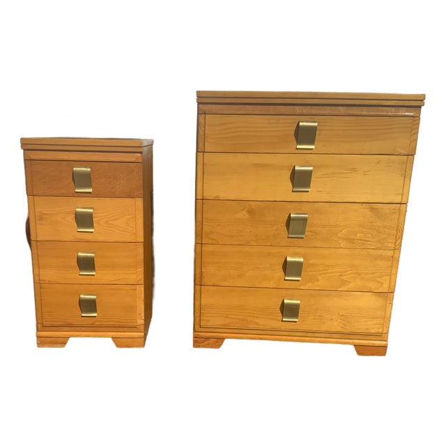 Mid-Century Modern Minimalist Blonde Ash 5-Drawer & Matching 4-Drawer Tall Nightstand Set - Built With Atlas Plywood Components in the Style of Mengel For Sale