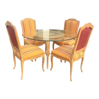 Vintage French Provincial Style 48” Glass-Top Dinette Set With Caned Table Base – Set of 5 For Sale