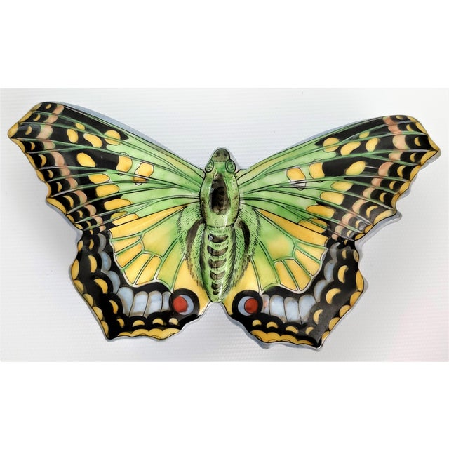 Offering a vintage porcelain hand painted butterfly small trinket or jewelry box by French designer Fabienne Jouvin for...