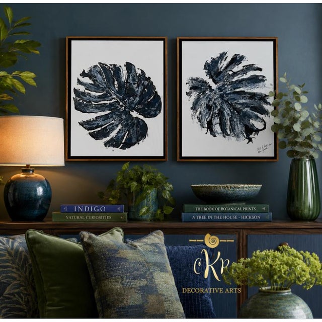 Navy Blue Blue Monstera Duo, Designed by Cheryl P Kohloff, Framed- Set of 2 For Sale - Image 8 of 8