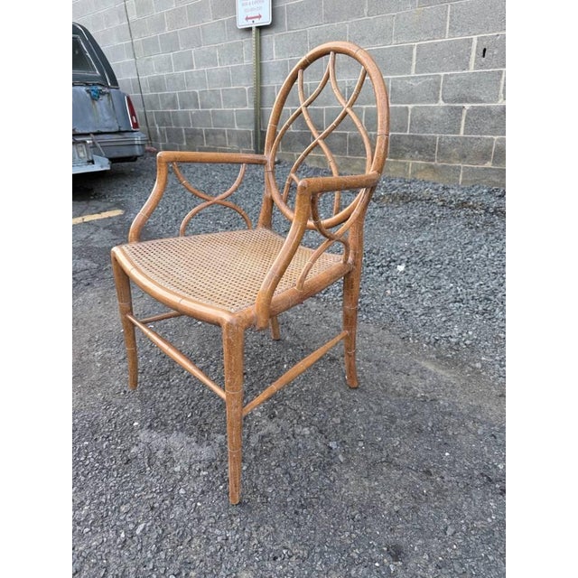 Vintage McGuire Style Faux Bamboo Rattan Spider Web Design Cracked Ice Caned Seat Armchair For Sale In Washington DC - Image 6 of 17