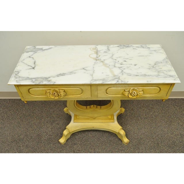 Vintage Victorian Painted Marble Top Lyre Harp Base Console Hall Entry