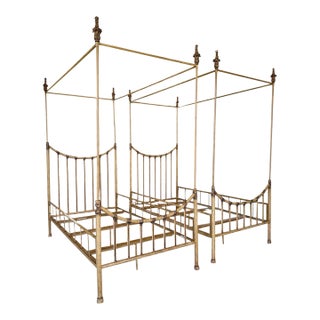 Pair of Vintage Faux Bamboo Metal Twin Four-Poster Canopy Beds For Sale