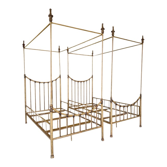 Pair of Vintage Faux Bamboo Metal Twin Four-Poster Canopy Beds For Sale