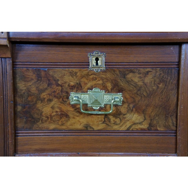 Antique Victorian Eastlake Walnut Burl Marble Washstand & Mirror Commode Cabinet For Sale - Image 11 of 18