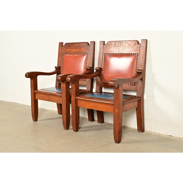 Harden Furniture Style Antique Arts & Crafts Carved Oak Library Chairs, Pair For Sale - Image 12 of 12