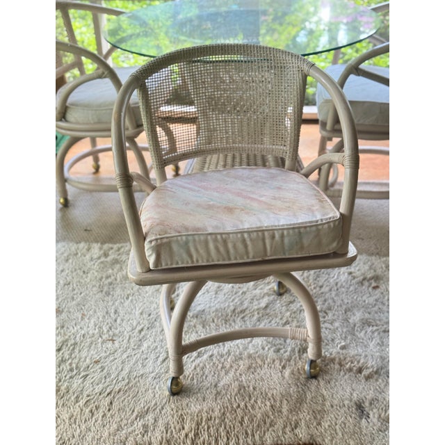 Wood Vintage Rattan Dining Set, White Bamboo Boho Table With Glass Top For Sale - Image 7 of 12