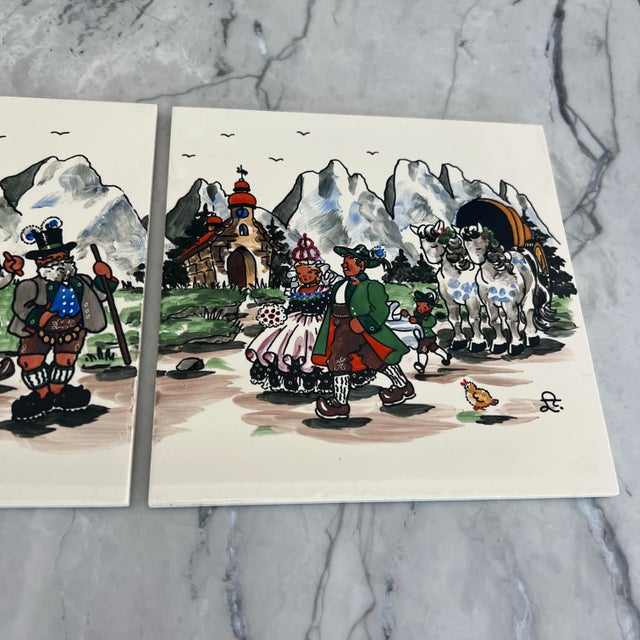 Rustic European Vintage Handpainted Tiles of Scenes From Germany - Set of 4 Tiles - 2 Scenes For Sale - Image 3 of 12