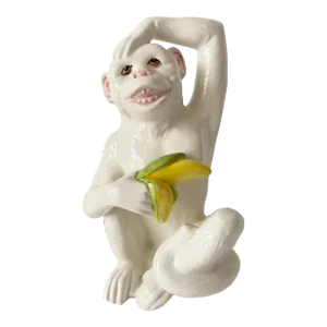 Mid 20th Century Italian White Glazed Ceramic Monkey With Banana Scratching Head by a Due Tosin