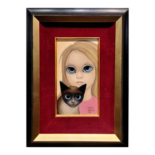 Margaret Keane -Portrait of a Girl & Cat With Big Eyes -1967 Oil Painting For Sale