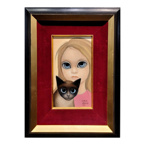 Margaret Keane -Portrait of a Girl & Cat With Big Eyes -1967 Oil Painting