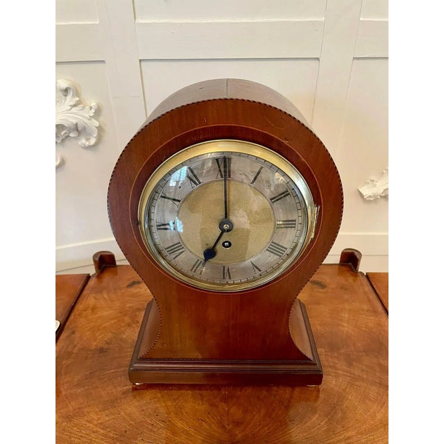 Large Antique Edwardian Inlaid Mahogany Balloon Shaped Mantel Clock For Sale - Image 6 of 11