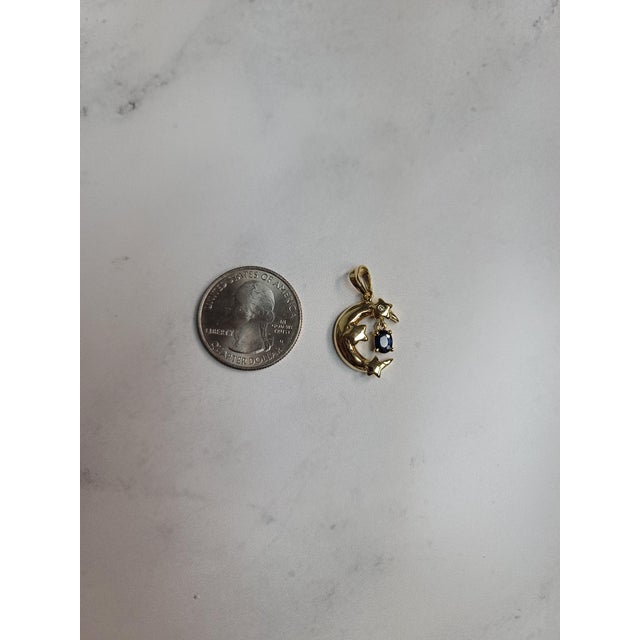 Contemporary Crescent & Star Pendant with Dangling Sapphire 14k Yellow Gold 16" For Sale - Image 3 of 4