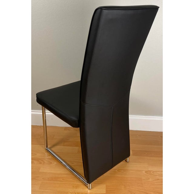 Early 21st Century Set of 4 Milo Baughman Style Thin Line Chrome & Black Faux Leather Dining Chairs For Sale - Image 5 of 8
