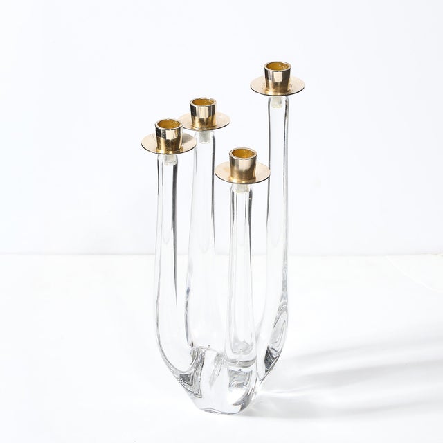 Mid-Century Modern Mid-Century Crystal & Brass Amorphic Four Arm Candelabra Signed Schneider For Sale - Image 3 of 10