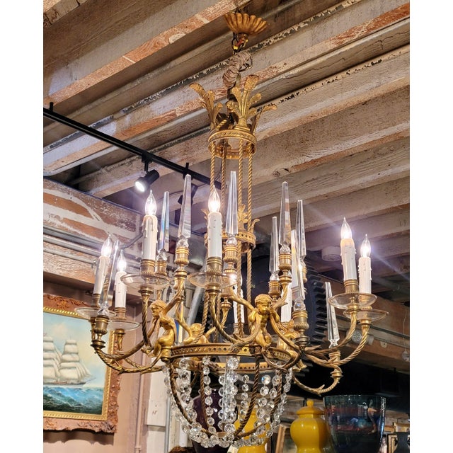 19th Century French Gilt Bronze Chandelier W/4 Cherubs & Crystals For Sale - Image 13 of 13
