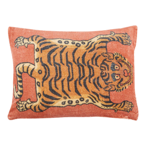 Tibetan Tiger Velvet Lumbar Pillow in Orange, 12"x16"