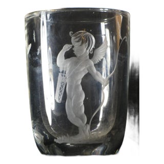 Mid 19th Century Vase Swedish Crystal Cupid Boy, 6" Engraved Naked Cherub, Kjellander Glass For Sale