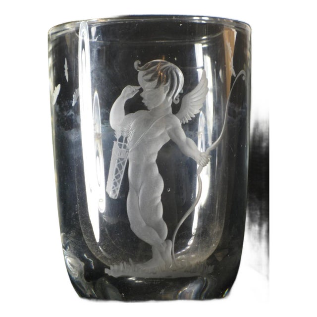 Mid 19th Century Vase Swedish Crystal Cupid Boy, 6" Engraved Naked Cherub, Kjellander Glass For Sale