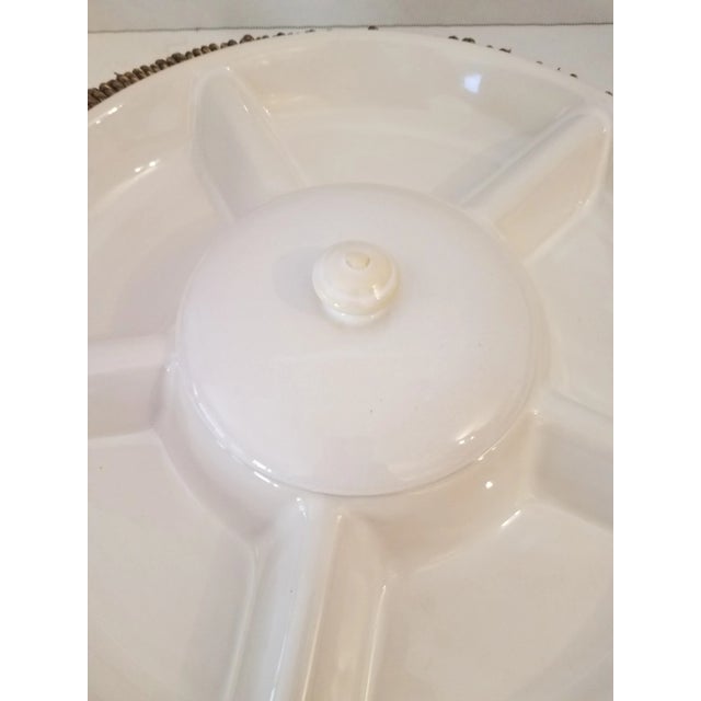 Wood Vintage Porcelain Five-Section Vegetable & Dip Bowl W/ Handled Wicker Carrier For Sale - Image 7 of 9