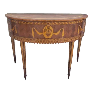 Vintage Large Inlaid Wood Two Tone Jagged Apron Front Herringbone Demi-Lune Half Moon Console Table by Alfonso Marina