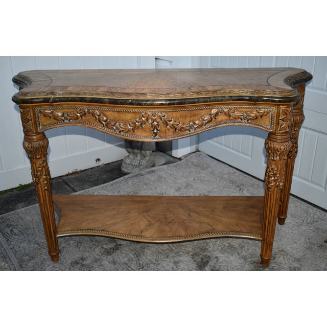 Stone Vintage Ornate Carved & Inlaid Tuscan Style Marble Trimmed Console Table W/Shelf For Sale - Image 7 of 12