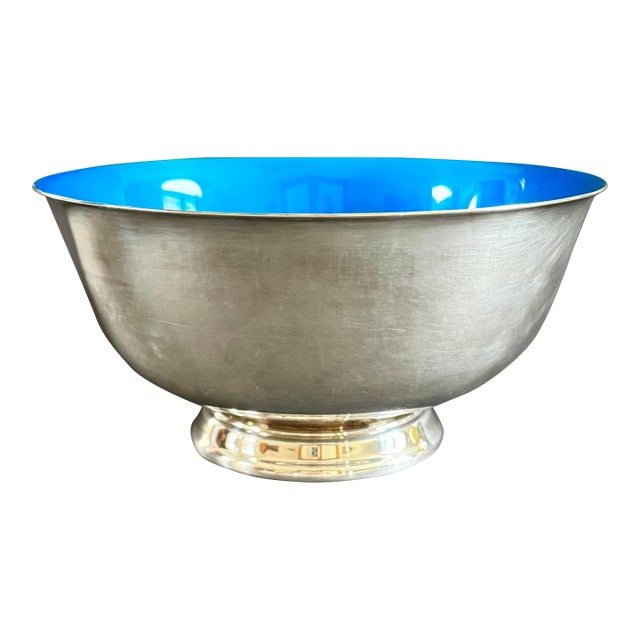 Vintage Reed & Barton Silver Plate and Blue Enamel Revere Bowl — 8” For Sale