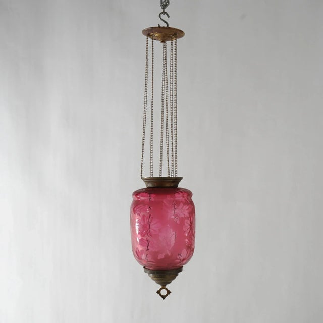 Red Antique Victorian Cut To Clear Cranberry Glass & Brass Hanging Hall Light Circa 1880 For Sale - Image 8 of 11