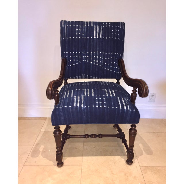 Antique JacobeanStyle Mahogany Armchair With Mali Indigo Textile
