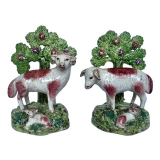 Antique Early 1800s English Walton Staffordshire Pearlware Sheep & Ram Figures - A Pair For Sale