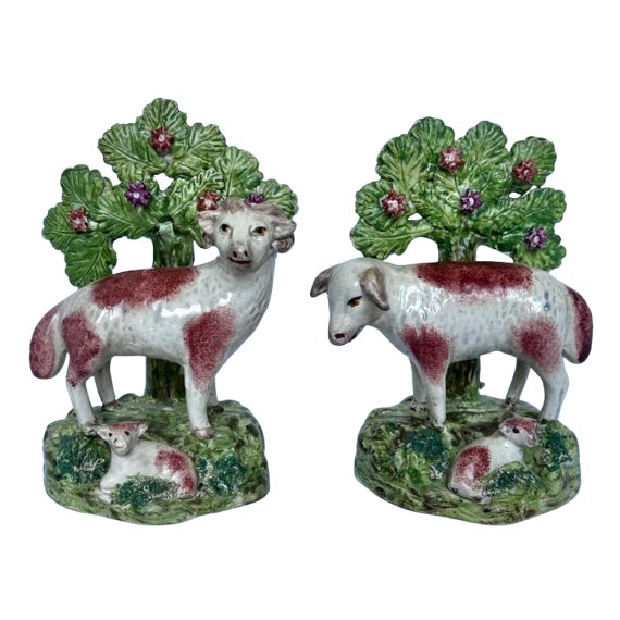 Antique Early 1800s English Walton Staffordshire Pearlware Sheep & Ram Figures - A Pair For Sale