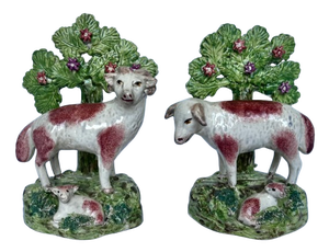 Antique Early 1800s English Walton Staffordshire Pearlware Sheep & Ram Figures - A Pair