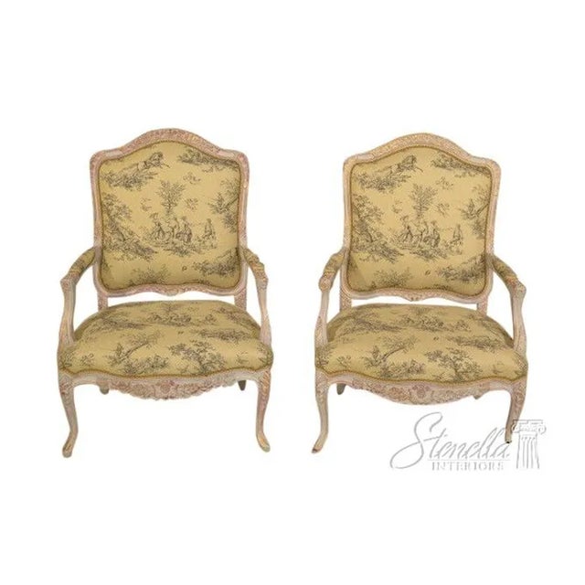 Pair Custom Paint Decorated French Louis XIV Style Arm Chairs For Sale