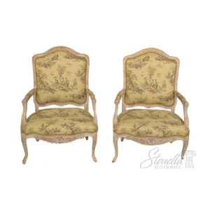 Pair Custom Paint Decorated French Louis XIV Style Arm Chairs