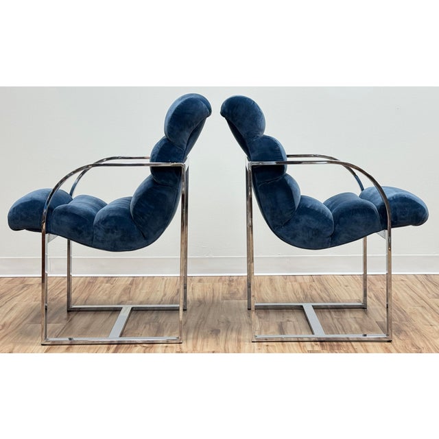 Metal Vintage Newly Upholstered Blue Velvet Chrome Sling Chairs, a Pair For Sale - Image 7 of 18