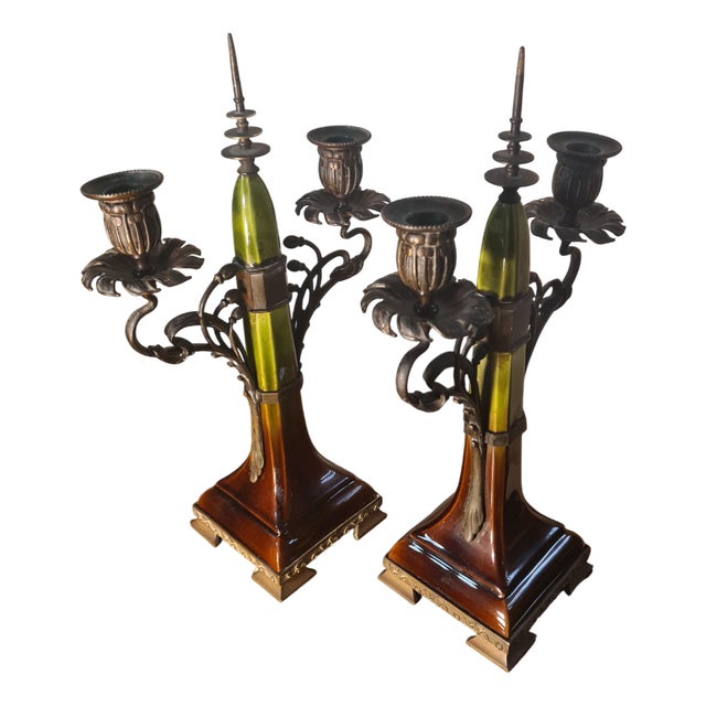 Antique Austrian Art Nouveau Bronze Candlesticks, 1900s, Set of 2 For Sale