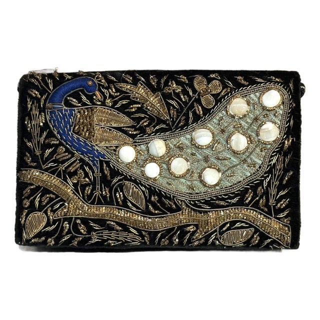 Black Velvet Beaded Peacock Clutch For Sale