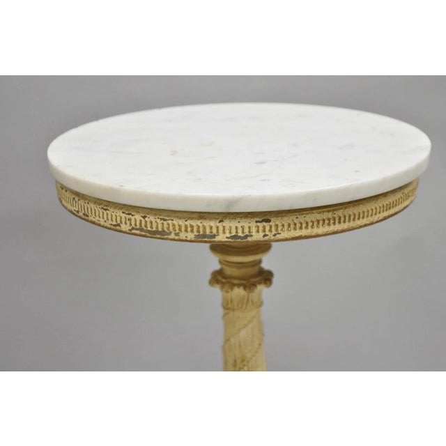White Vintage Hollywood Regency Small Metal Pedestal Marble Top Drinks Side Table Pair For Sale - Image 8 of 18
