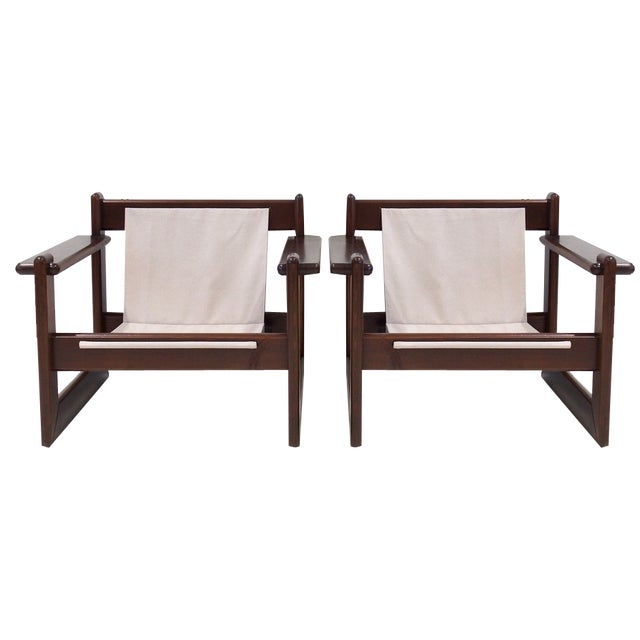 Set of Midcentury Brazilian Walnut and Canvas Armchairs, 1960s For Sale