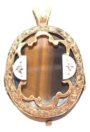 14 Karat Yellow and White Gold Pendant Tigers Eye Center Diamond Accent 0.02 TDW