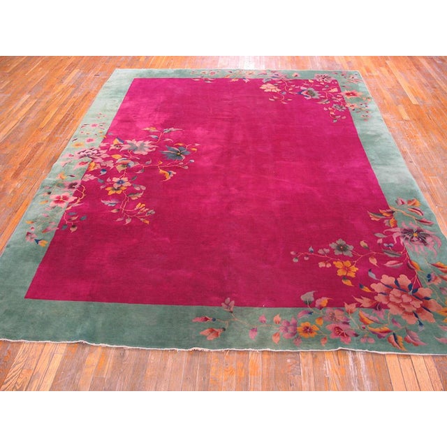 Antique Chinese Art Deco rug with pink color. Measures: 8'9" x 11'8". Rectangle Chinese Wool Room Size - Art Deco 1920s...