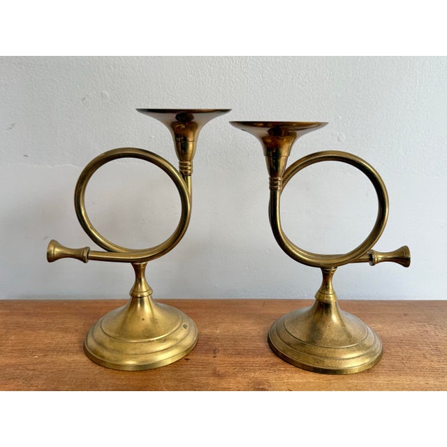 Bring vintage elegance to your Christmas dinner table with this lovely pair of solid brass French horn candlestick...