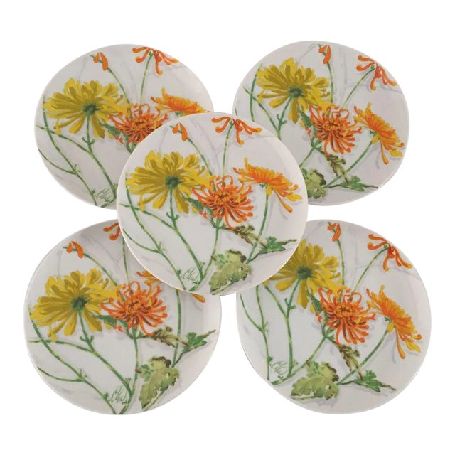 Vintage Watercolor Chrysanthemum Plates - Set of 5 For Sale