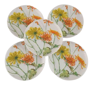 Vintage Watercolor Chrysanthemum Plates - Set of 5