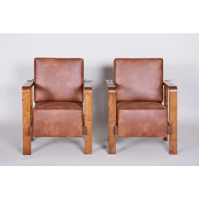 Set of Art Deco Adjustable Armchairs in Oak, Leather, Czech, 1930s For Sale - Image 12 of 13