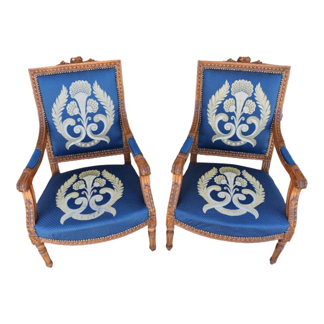 Antique Carved Oak Armchairs Upholstered in French Blue Silk Fabric W/ Gold & Silver Thread Accenting - Pair For Sale