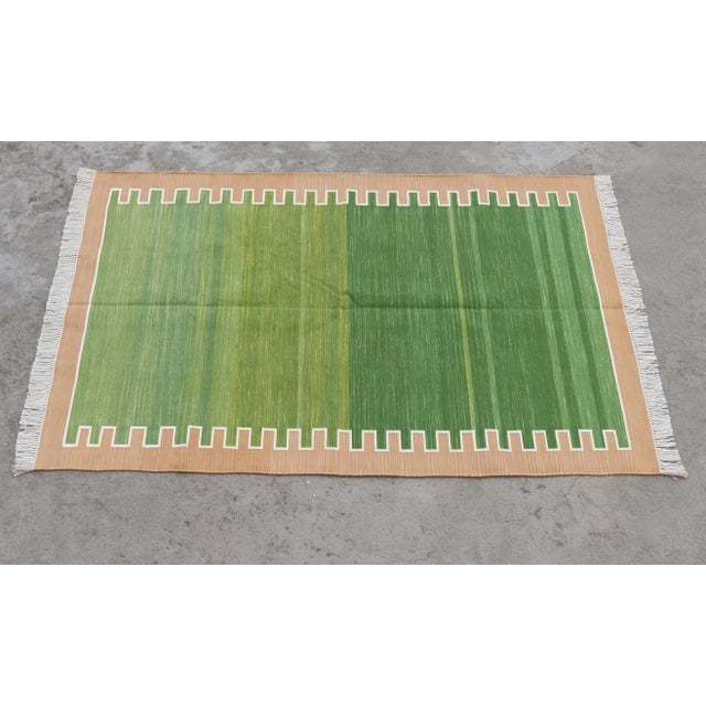 Handmade Cotton Rug, Green with Light Tan Geometric Border and Cream Fringe - 6'x9' For Sale - Image 9 of 9