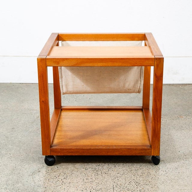 1960s Mid 20th Century Danish Modern End Table Magazine Rack Rolling Teak Nordisk Denmark For Sale - Image 5 of 12