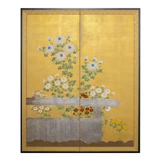 Japanese Rimpa Two-Panel Screen With Chrysanthemums and Silver Twig Fence, Late 19th Century For Sale