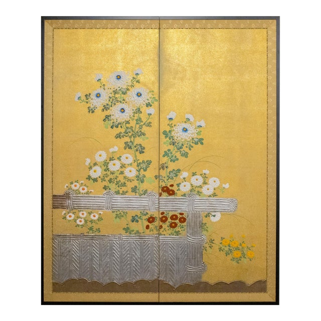 Japanese Rimpa Two-Panel Screen With Chrysanthemums and Silver Twig Fence, Late 19th Century For Sale
